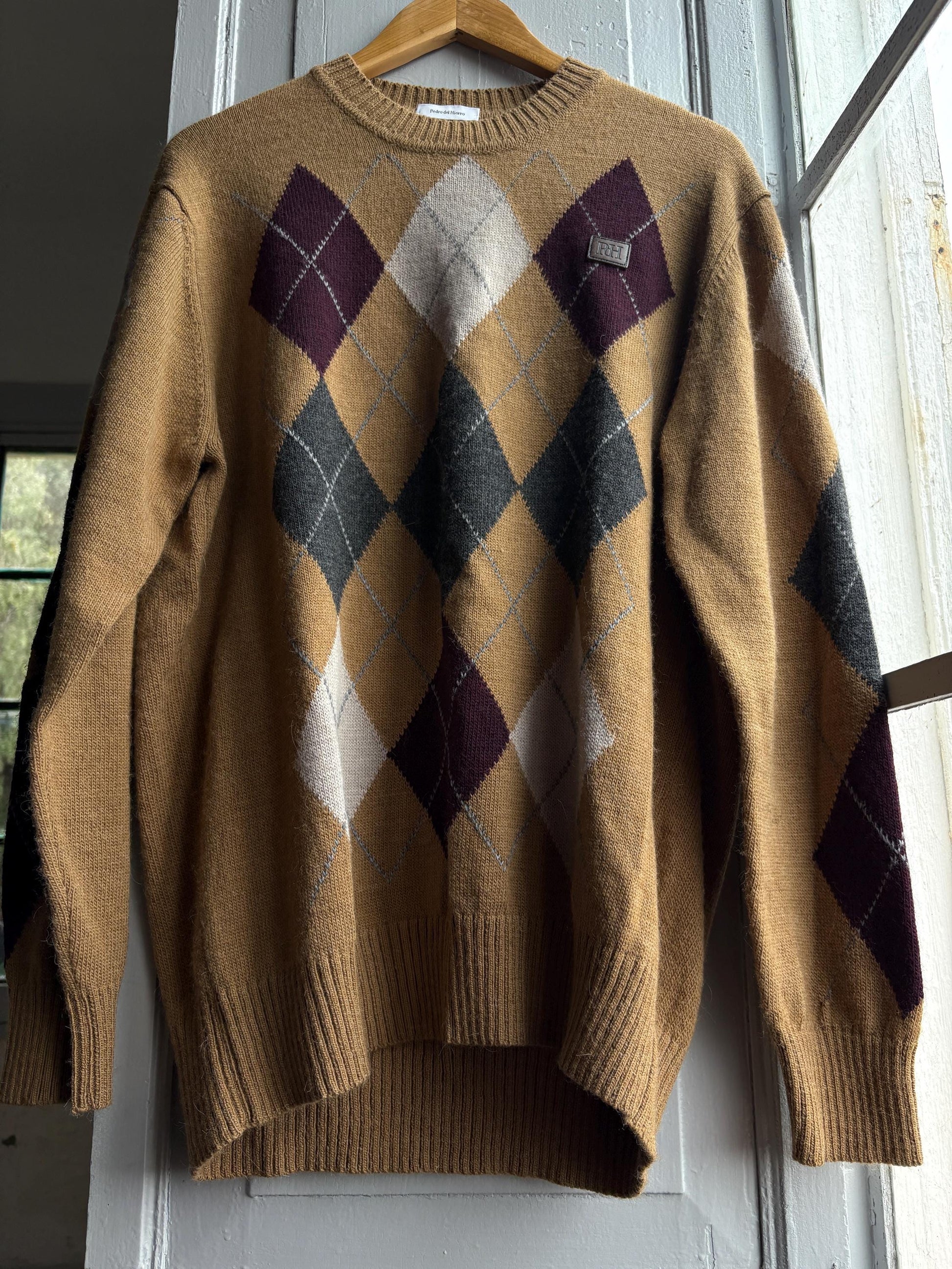 Pedro Del Hierro Argyle Jumper, Mens Luxury Knit, Italian Yarn, Christmas Sweater, Wool Blend, Size XL