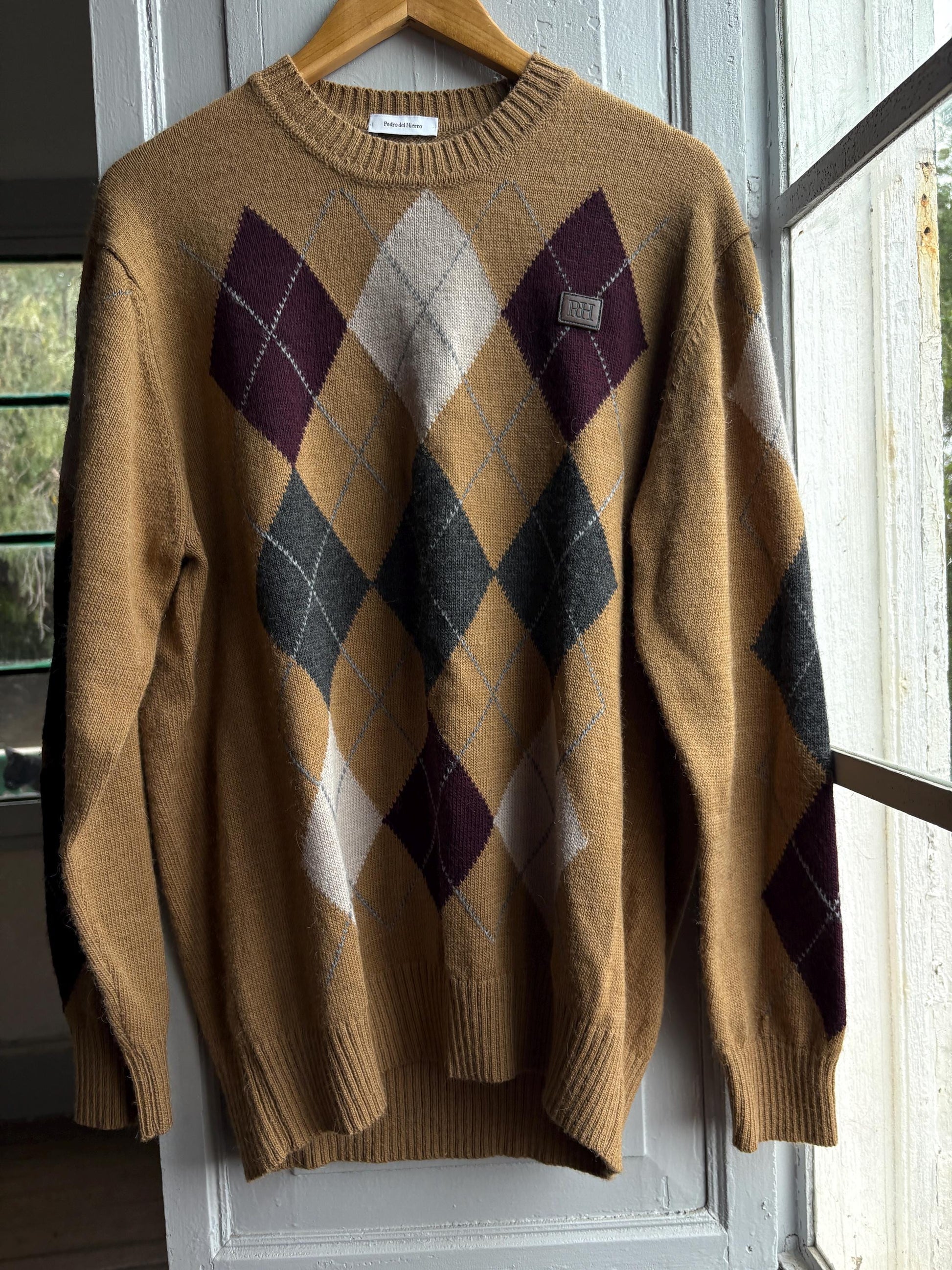 Pedro Del Hierro Argyle Jumper, Mens Luxury Knit, Italian Yarn, Christmas Sweater, Wool Blend, Size XL