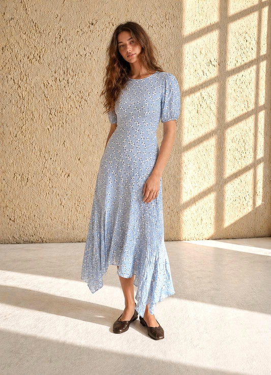 Blue Midi Dress With Puff Sleeves
