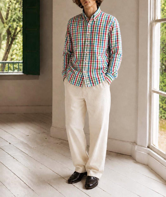 Purificación García Men Check Shirt, Colourful Cotton Button Down, Preppy Luxury Gingham Plaid Summer Shirt