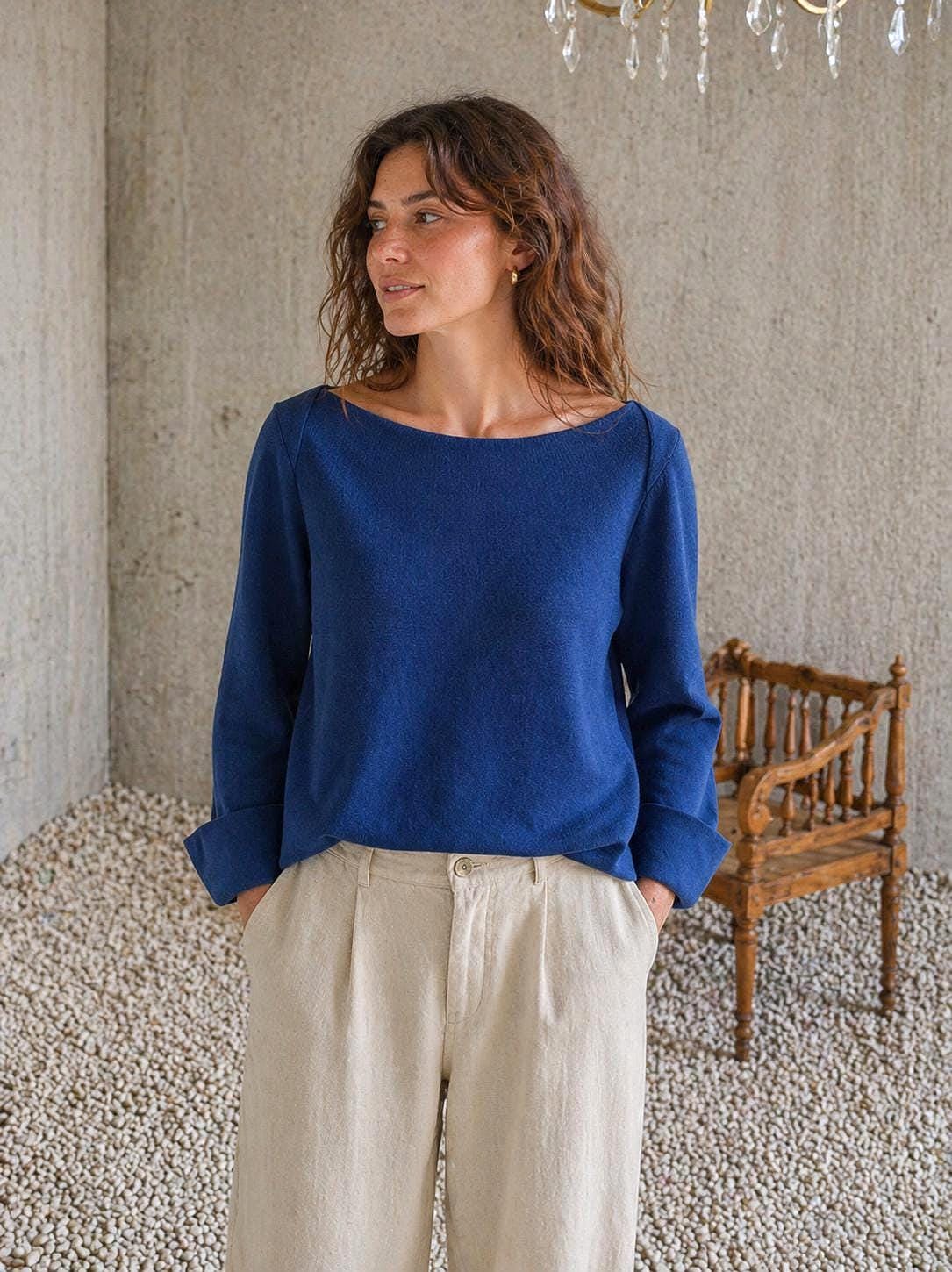 Luxe Blue Cotton Long Sleeve Top