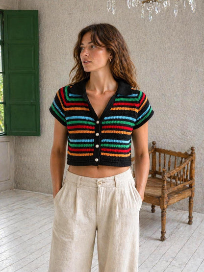 Vintage Striped Knit Cropped Polo