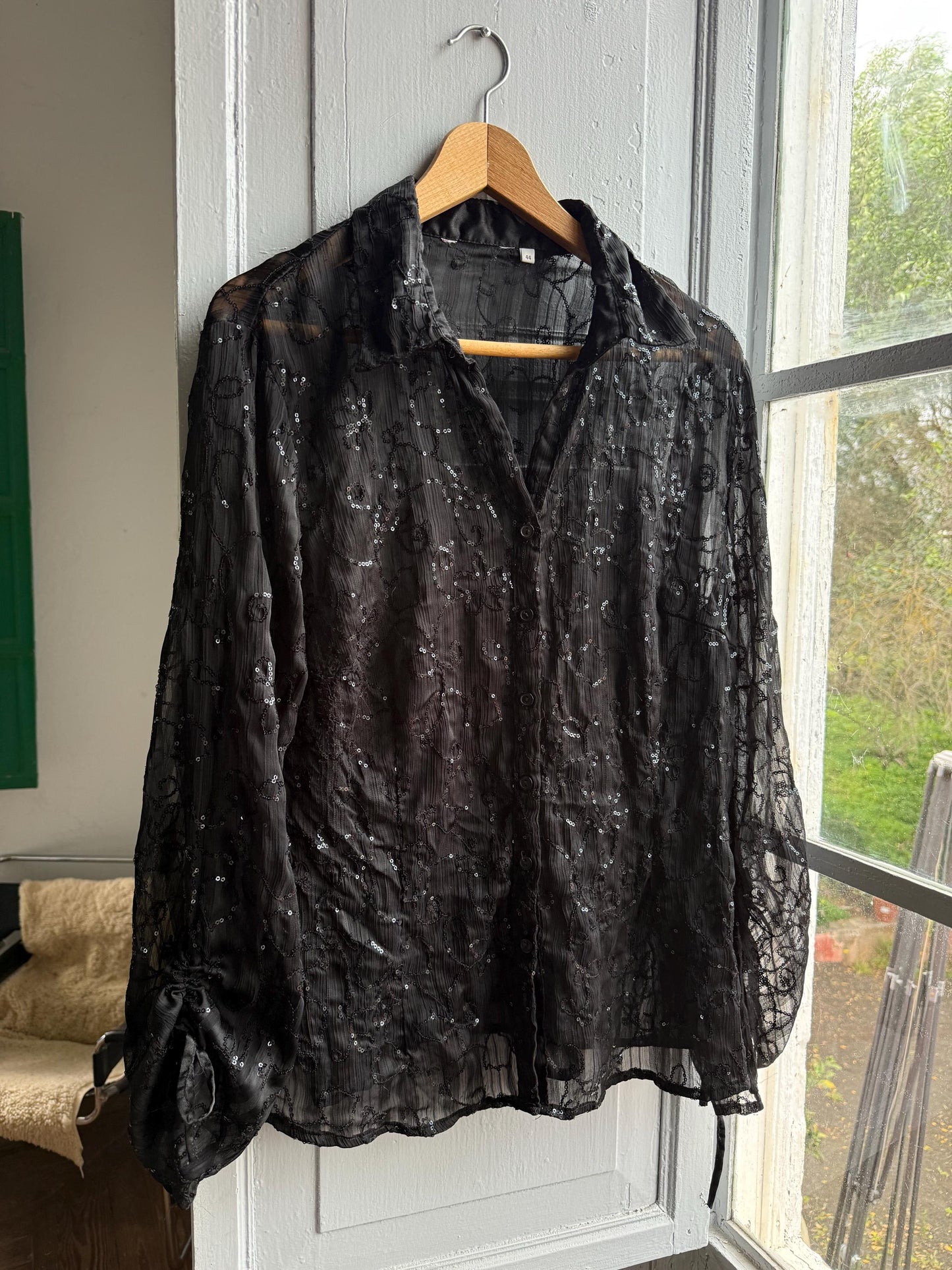 Black Sheer Sequin Button-Down Blouse — additional view 5