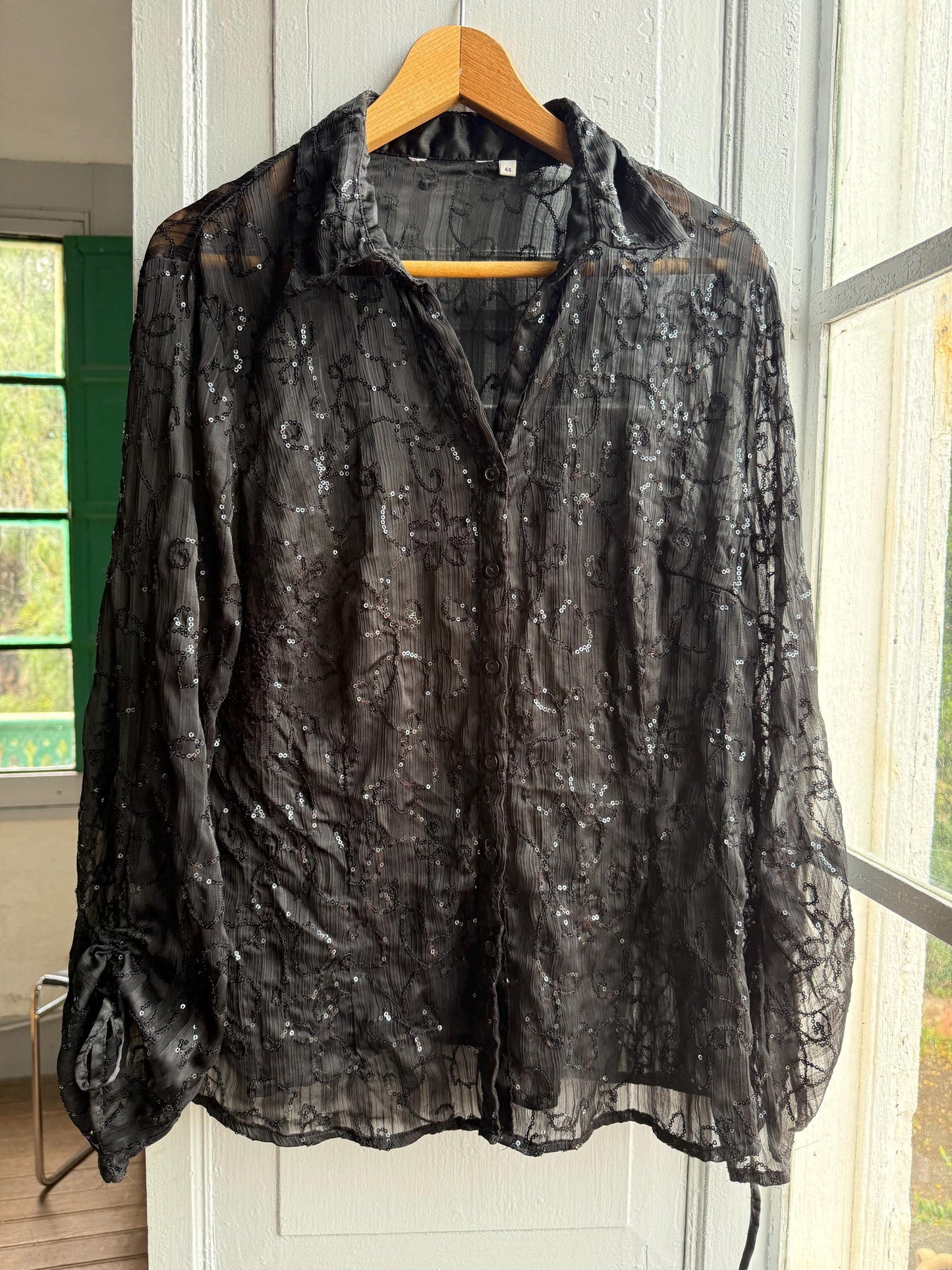 Black Sheer Sequin Button-Down Blouse — back view