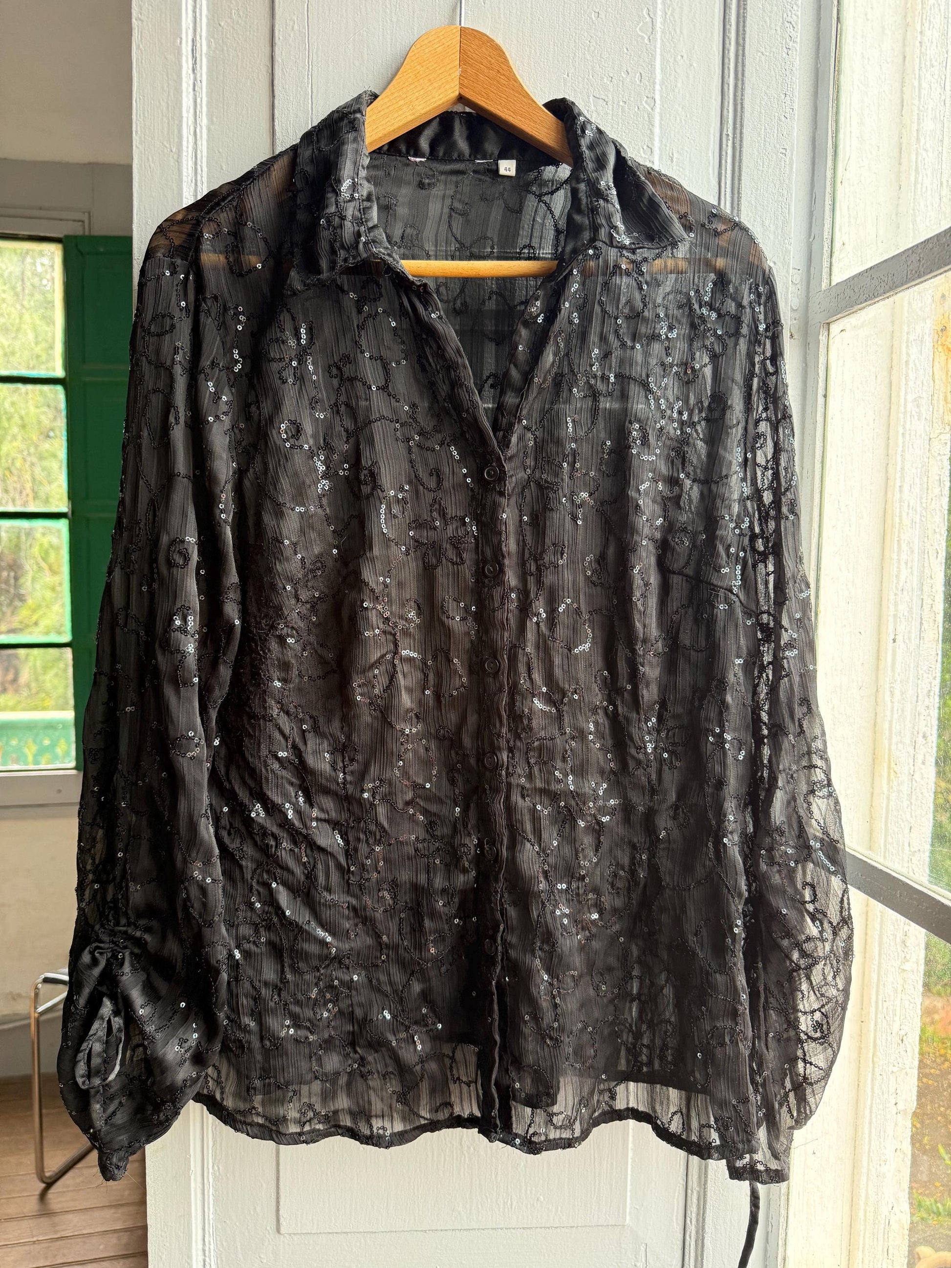 Black Sheer Sequin Button-Down Blouse — back view