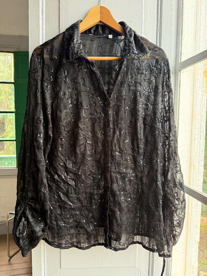 Black Sheer Sequin Button-Down Blouse — back view
