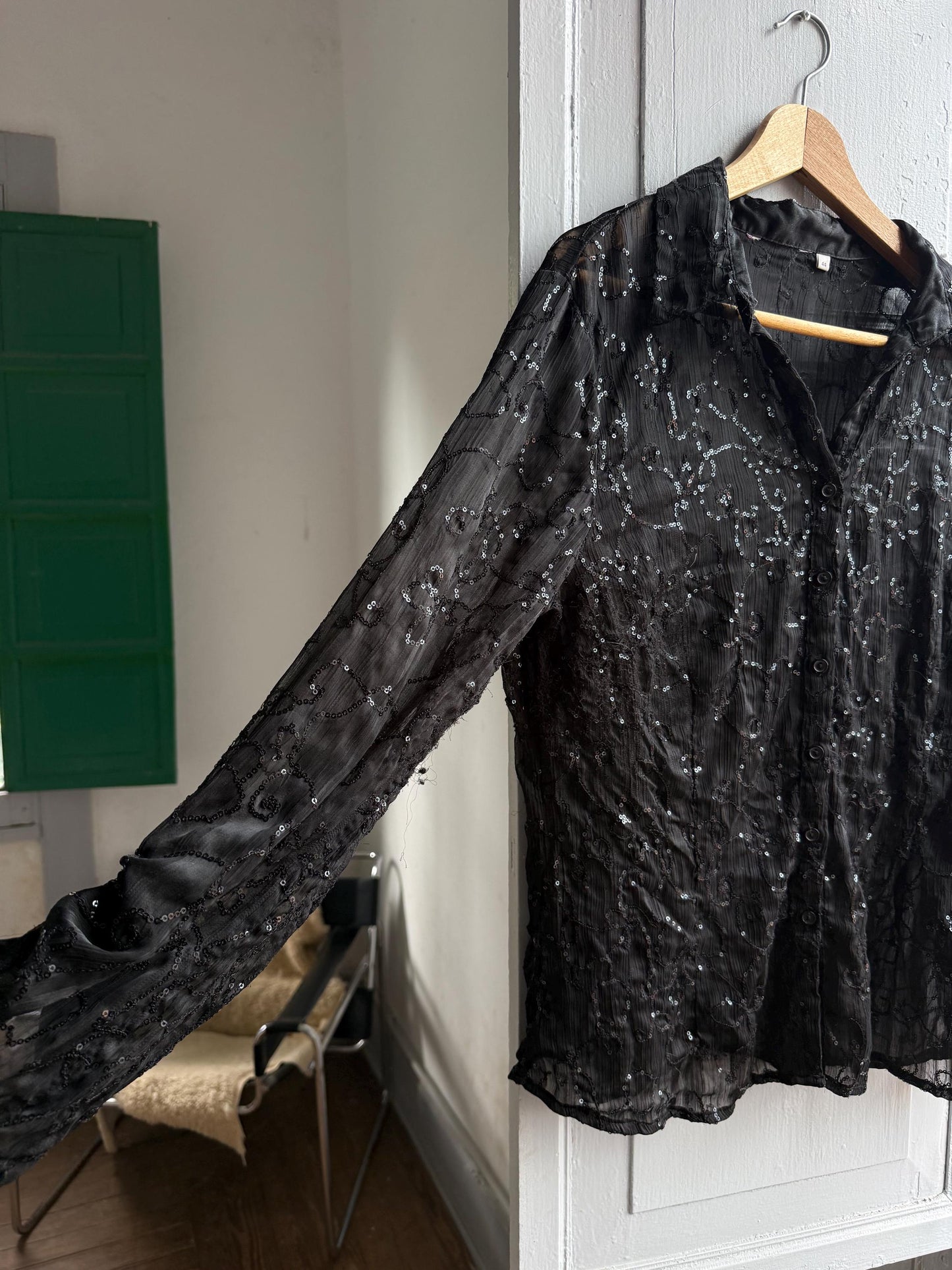 Black Sheer Sequin Button-Down Blouse — additional view 9