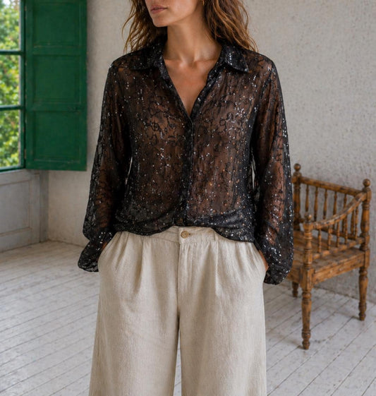 Black Sheer Sequin Button-Down Blouse