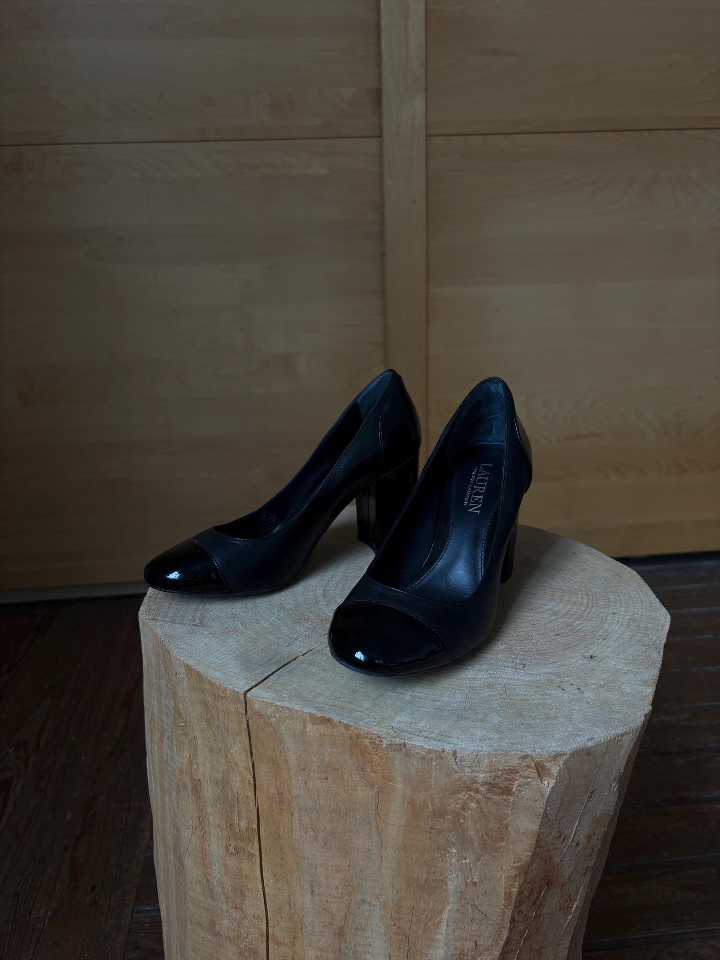 Black Leather Block Heel High Heels — back view