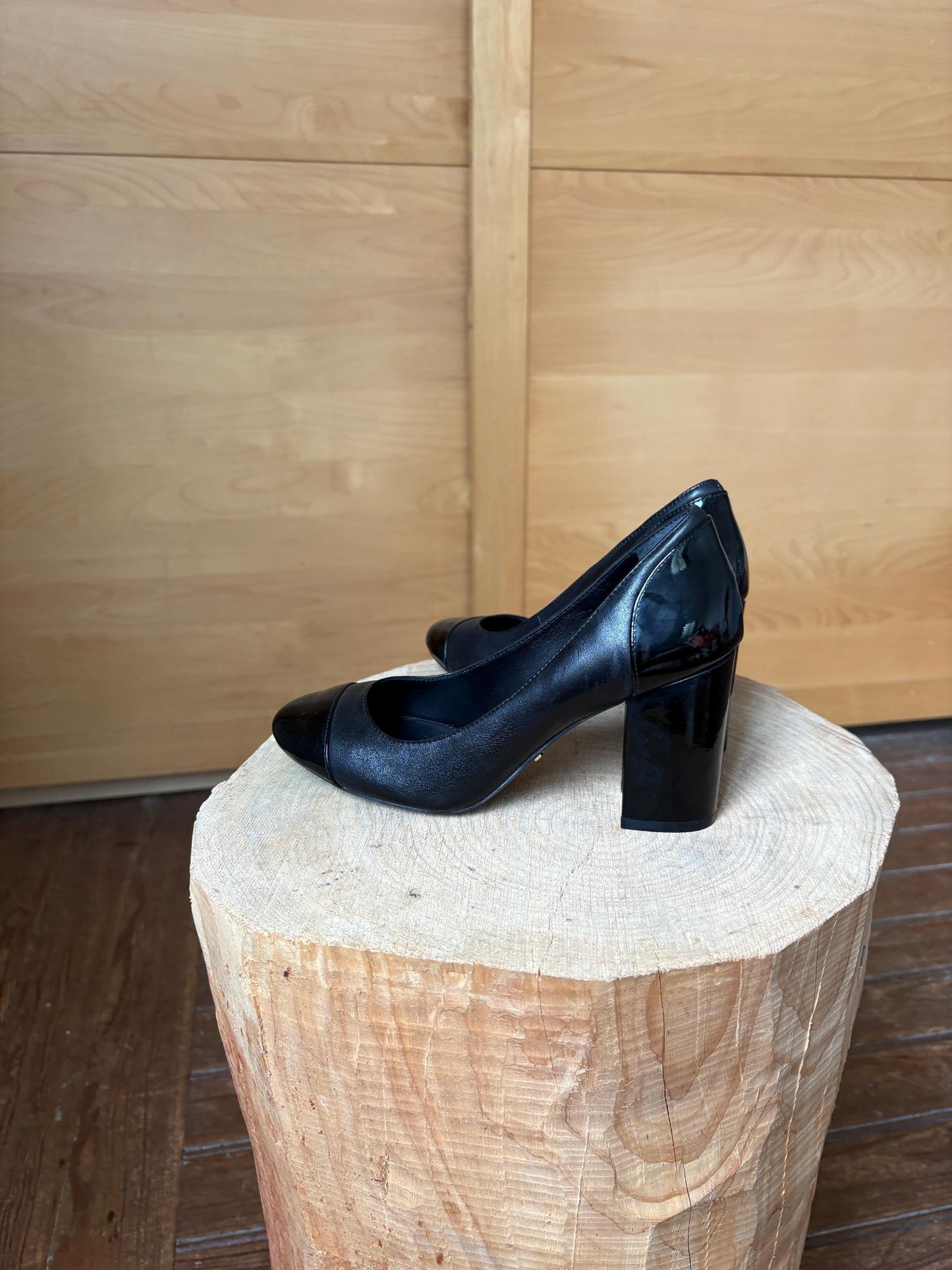Black Leather Block Heel High Heels — fabric close-up