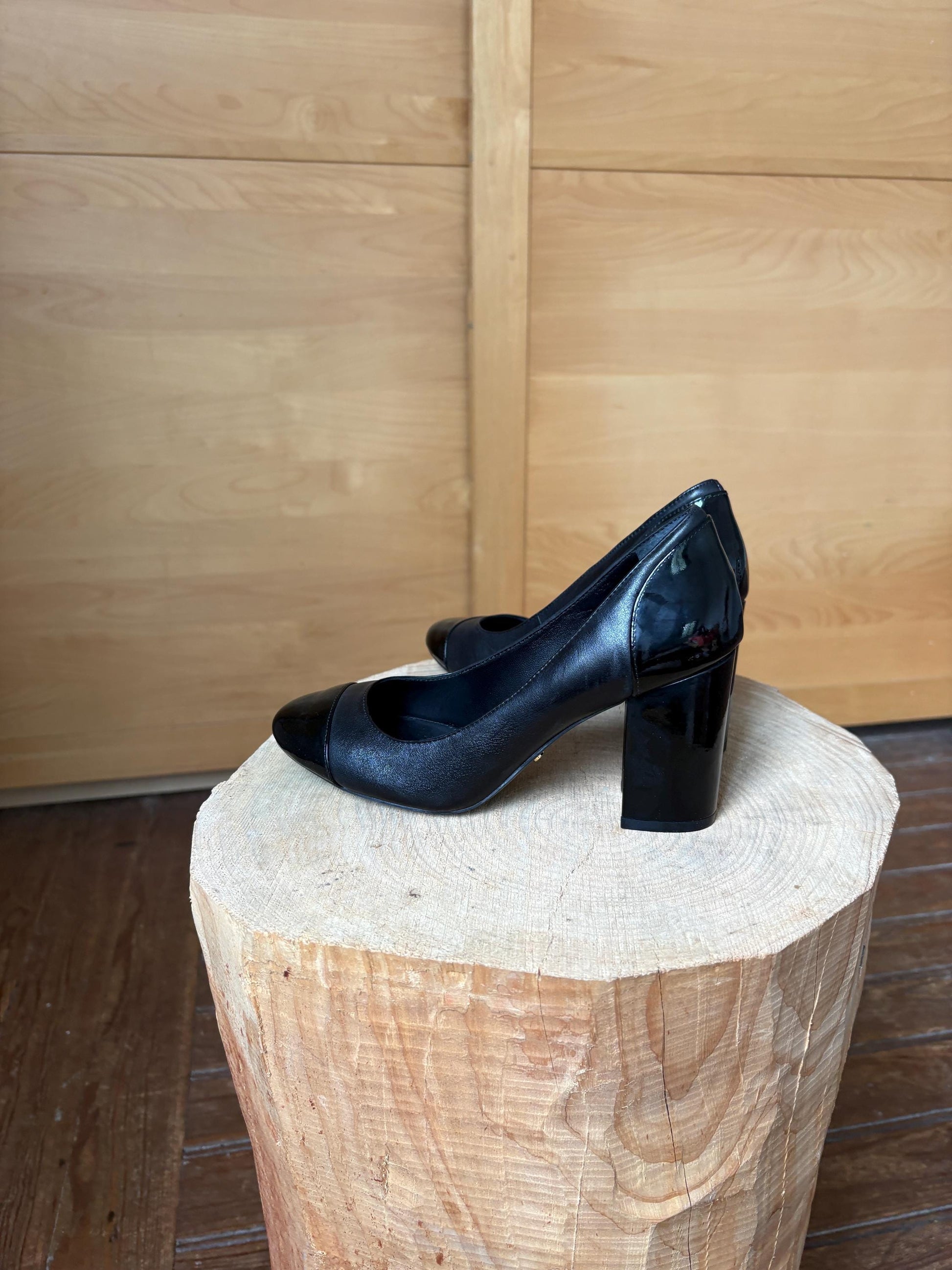 Black Leather Block Heel High Heels — fabric close-up