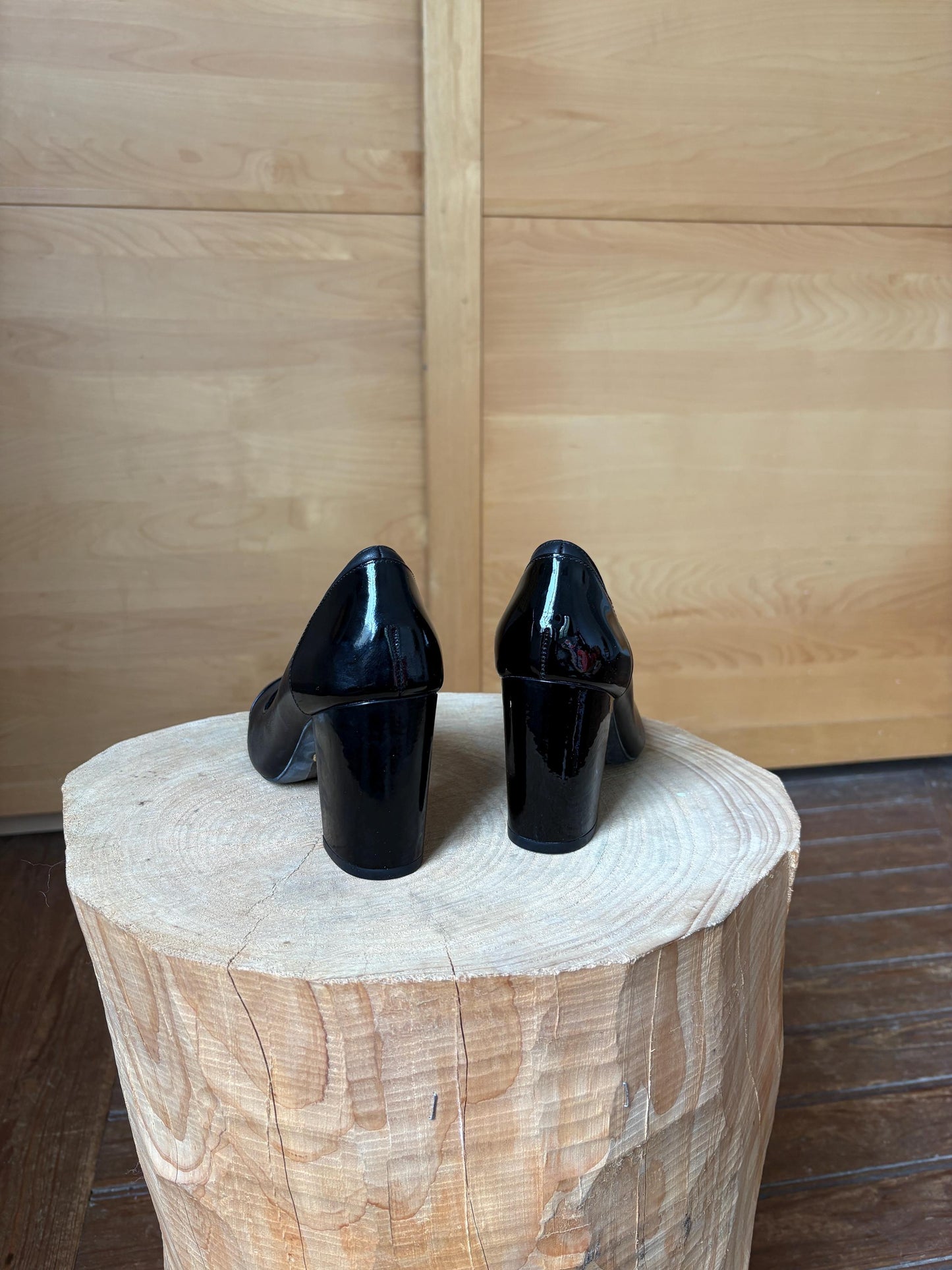 Lauren Ralph Lauren luxury black high heels, leather & patent leather block heel, size 5.5 B, EU 36