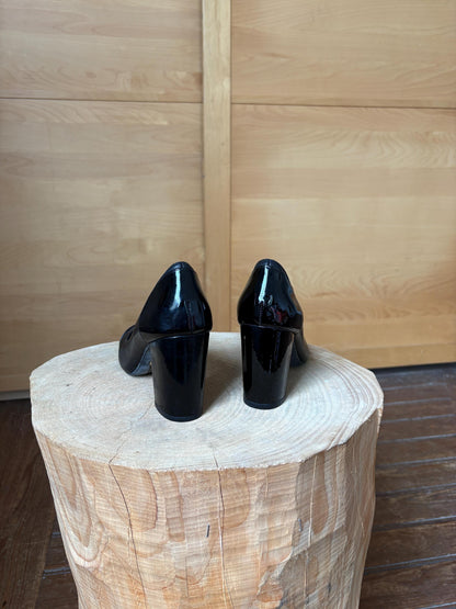 Lauren Ralph Lauren luxury black high heels, leather & patent leather block heel, size 5.5 B, EU 36