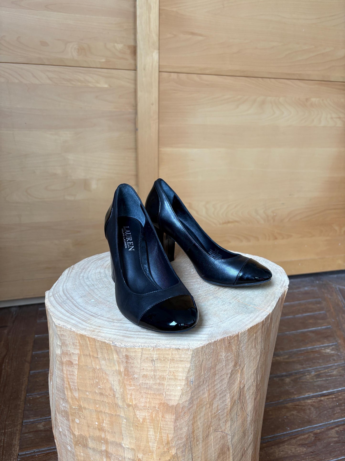Lauren Ralph Lauren luxury black high heels, leather & patent leather block heel, size 5.5 B, EU 36