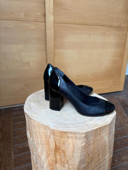 Lauren Ralph Lauren luxury black high heels, leather & patent leather block heel, size 5.5 B, EU 36