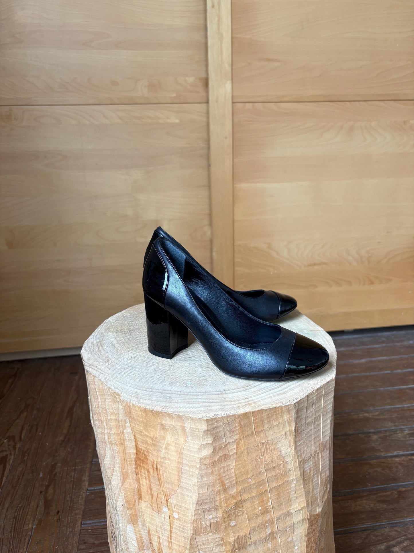 Black Leather Block Heel High Heels