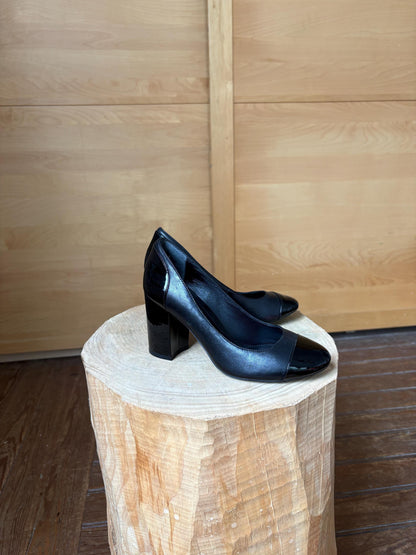 Black Leather Block Heel High Heels