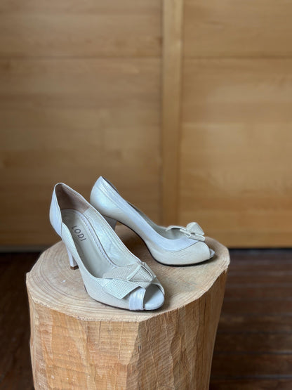 Ivory Leather Peep Toe Heels — back view