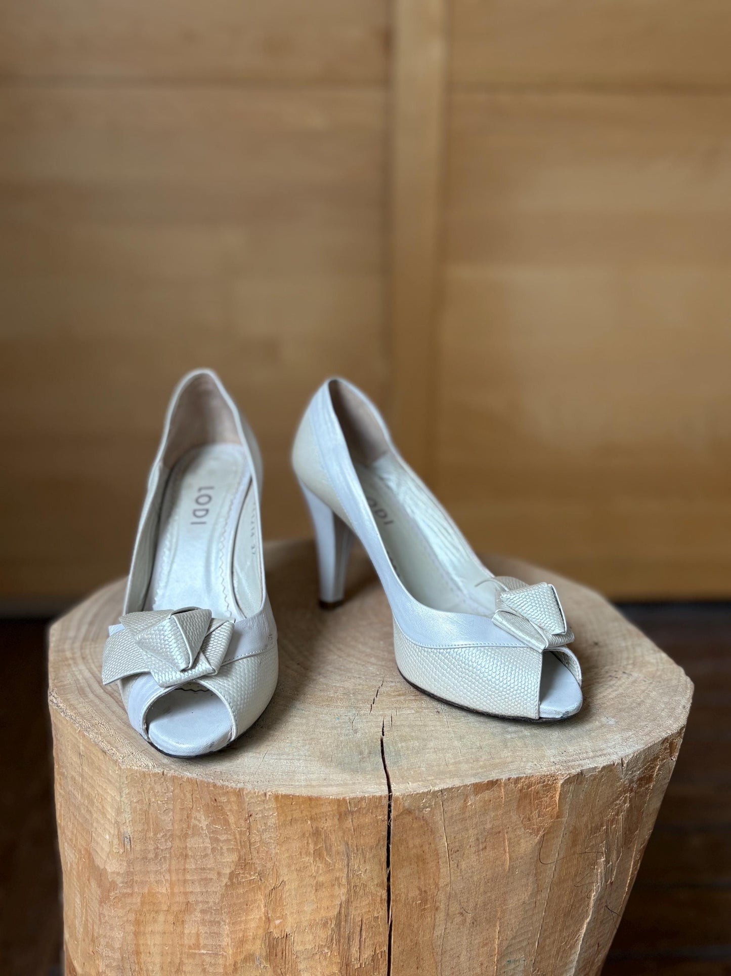 Ivory Leather Peep Toe Heels
