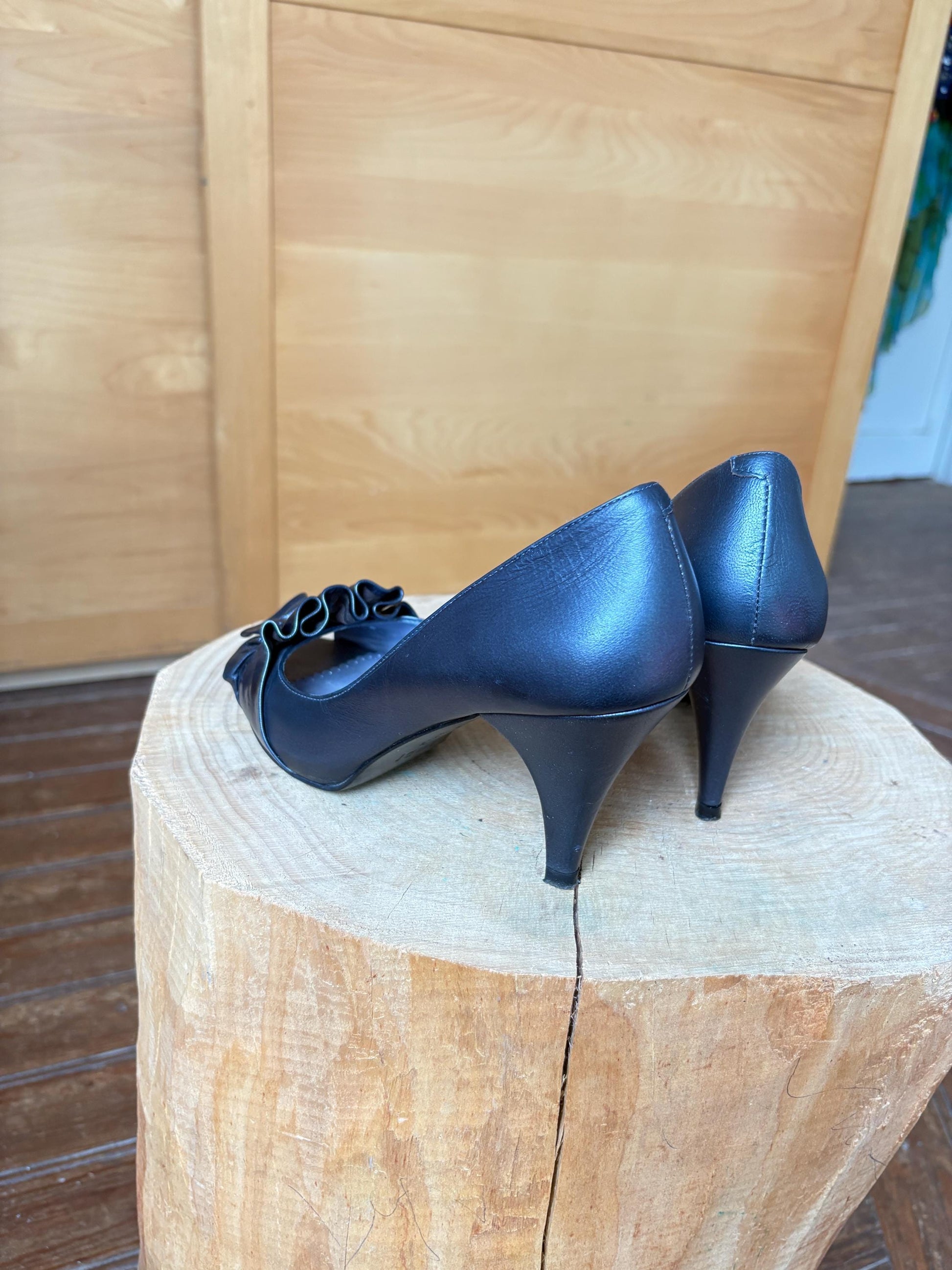 Lodi Blue Leather Peep Toe Heels — back view