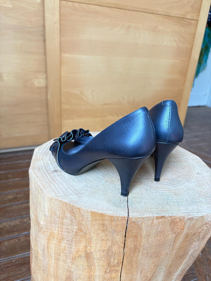 Lodi Blue Leather Peep Toe Heels — back view