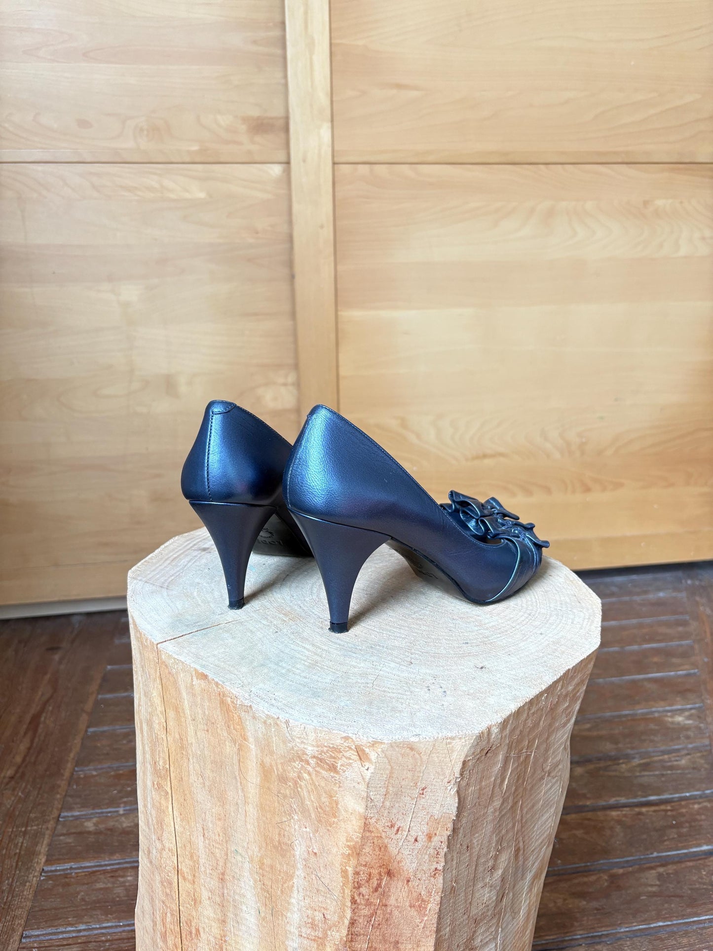 Lodi Blue Leather Peep Toe Heels — additional view 5