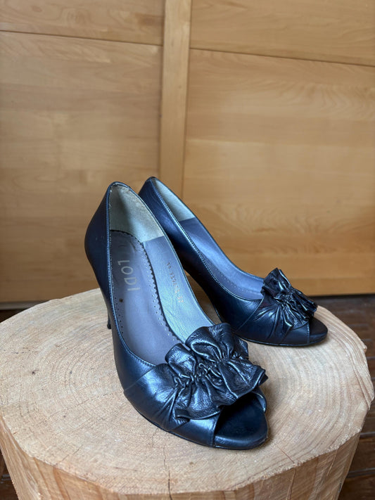 Lodi Blue Leather Peep Toe Heels