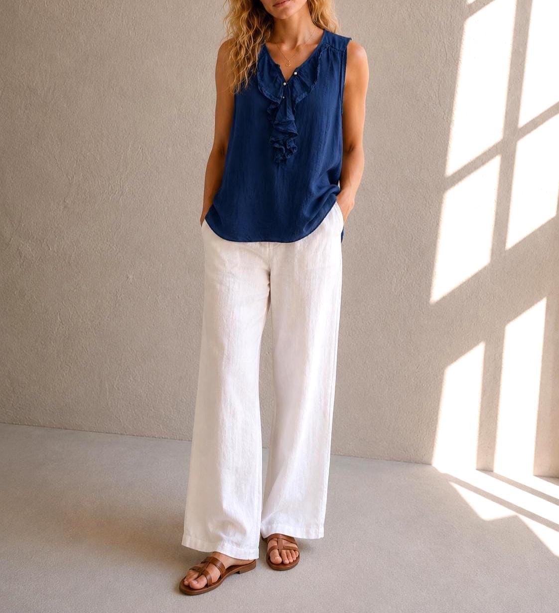 Massimo Dutti Silk Cotton Camisole, Blue Ruffle Blouse, Women Pearl Button summer Top, S