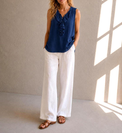 Massimo Dutti Silk Cotton Camisole, Blue Ruffle Blouse, Women Pearl Button summer Top, S