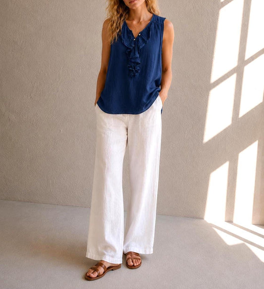 Massimo Dutti Silk Cotton Camisole, Blue Ruffle Blouse, Women Pearl Button summer Top, S