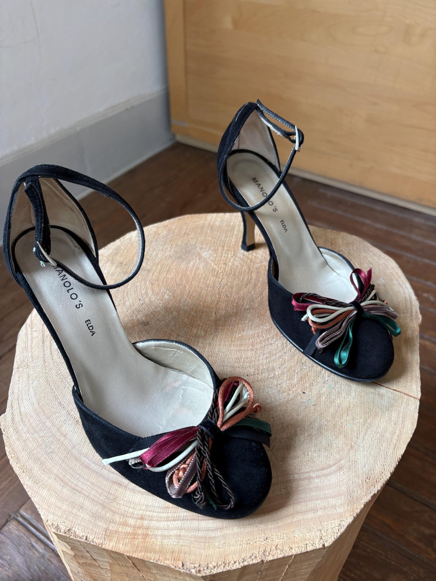 Black Suede Peep Toe Heels — fabric close-up