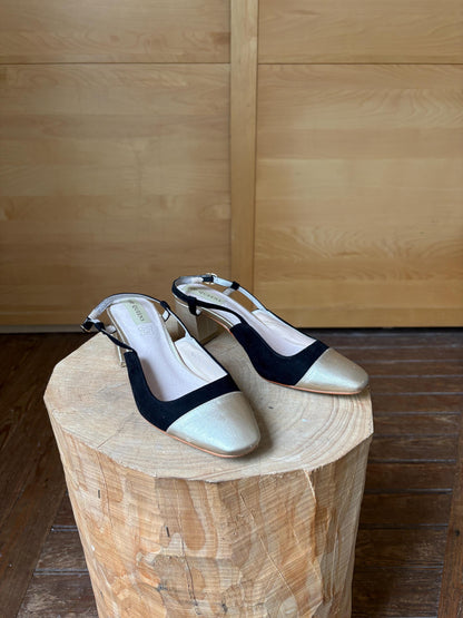 Black Suede And Gold Leather Slingback Heels — detail