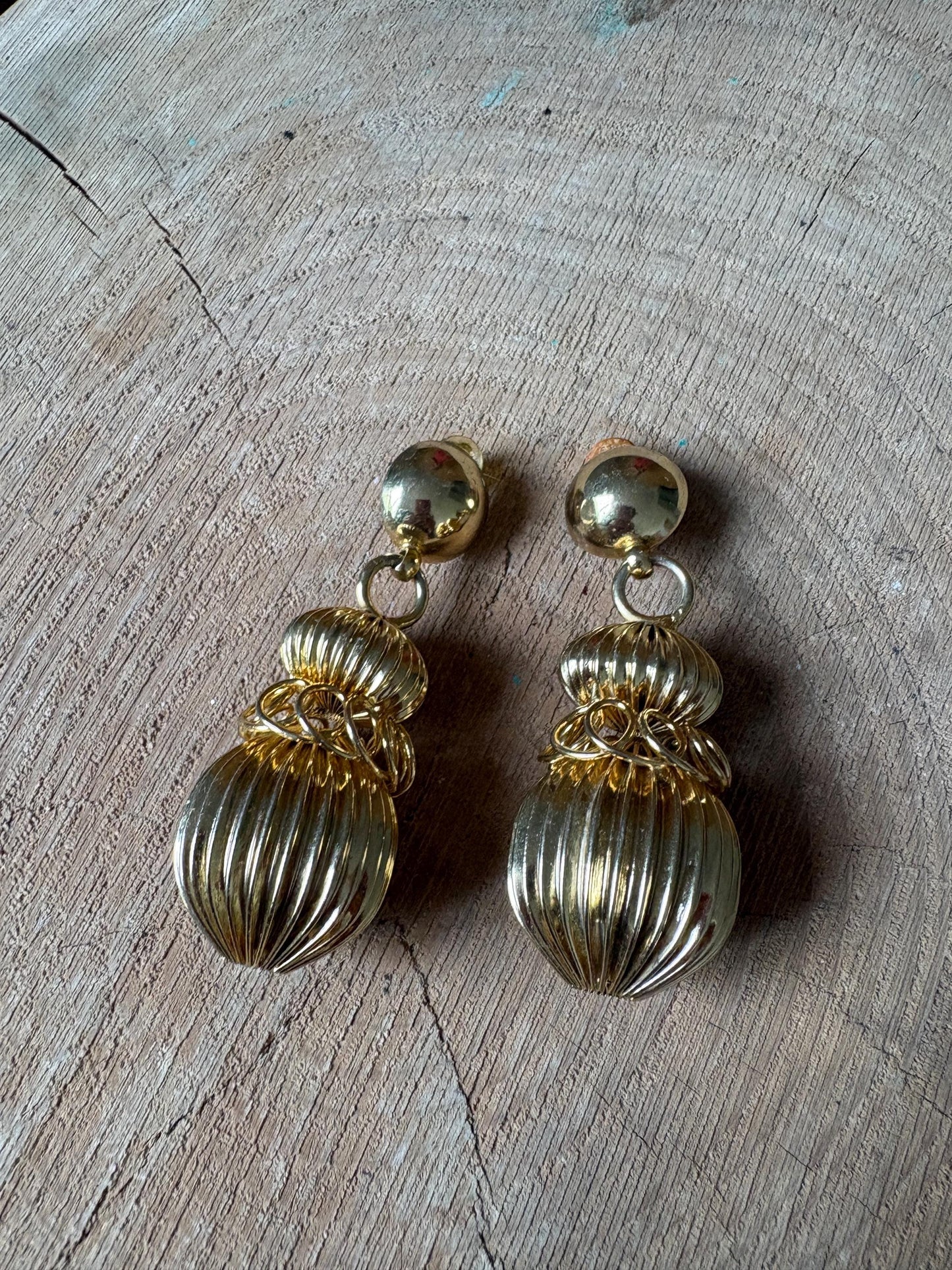 Vintage Gold Tone Statement Earrings, Large Dangle Clip On Earrings, Sculptural Retro Glam Party Wedding Jewellery Gift