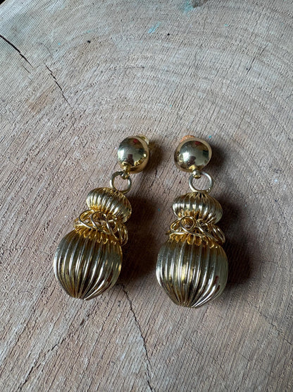 Vintage Gold Tone Statement Earrings, Large Dangle Clip On Earrings, Sculptural Retro Glam Party Wedding Jewellery Gift