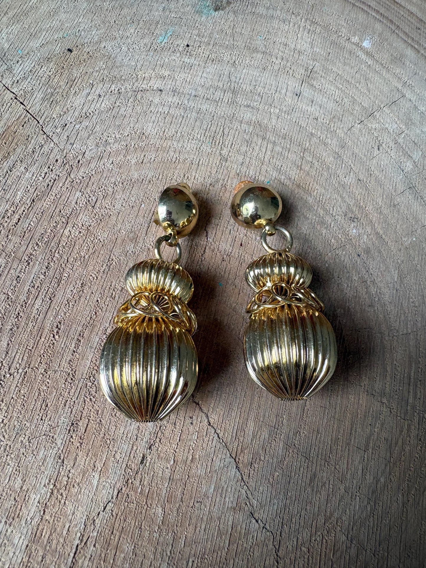 Vintage Gold Tone Statement Earrings, Large Dangle Clip On Earrings, Sculptural Retro Glam Party Wedding Jewellery Gift