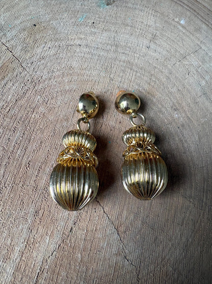 Vintage Gold Tone Statement Earrings, Large Dangle Clip On Earrings, Sculptural Retro Glam Party Wedding Jewellery Gift