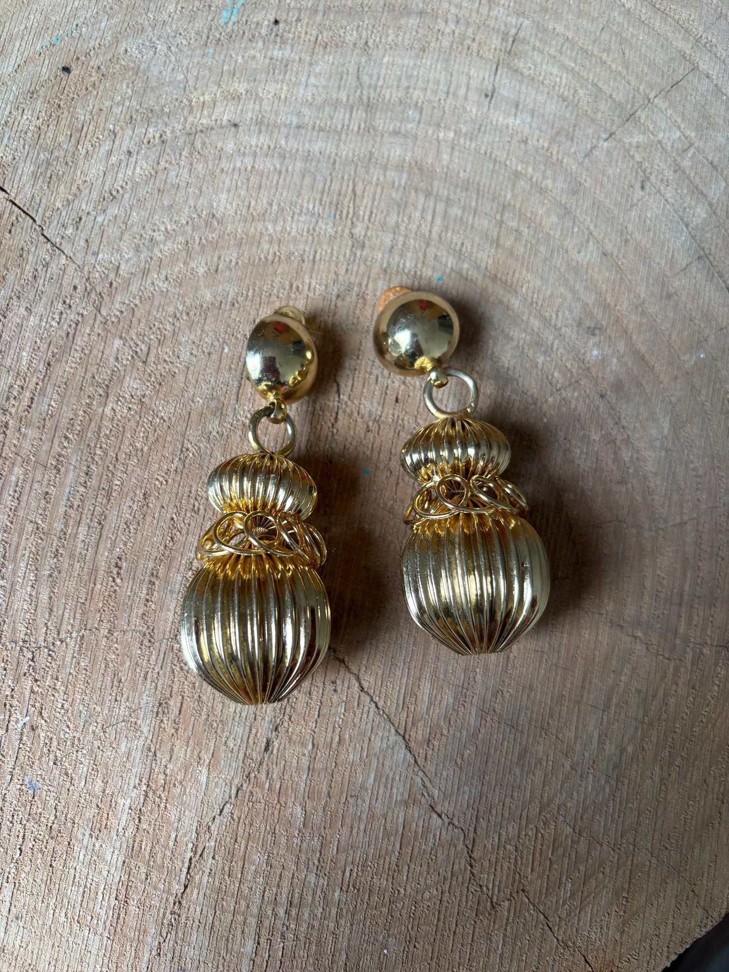 Vintage Gold Tone Statement Earrings, Large Dangle Clip On Earrings, Sculptural Retro Glam Party Wedding Jewellery Gift