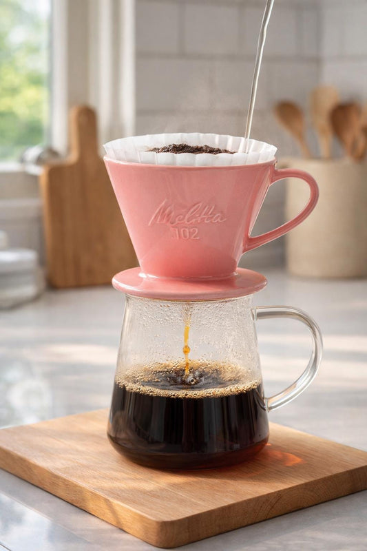 Vintage pink porcelain coffee dripper, Melitta 102, retro kitchen decor