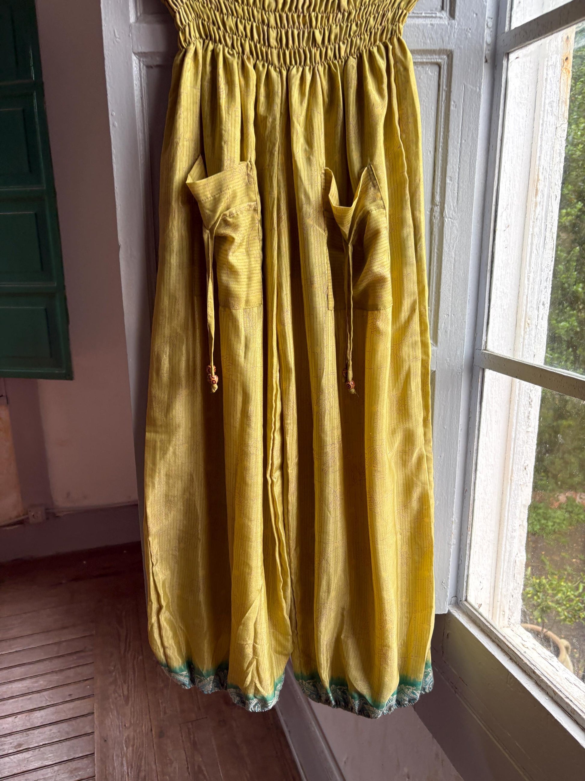 Vintage Silk Green Paisley Pants — fabric close-up