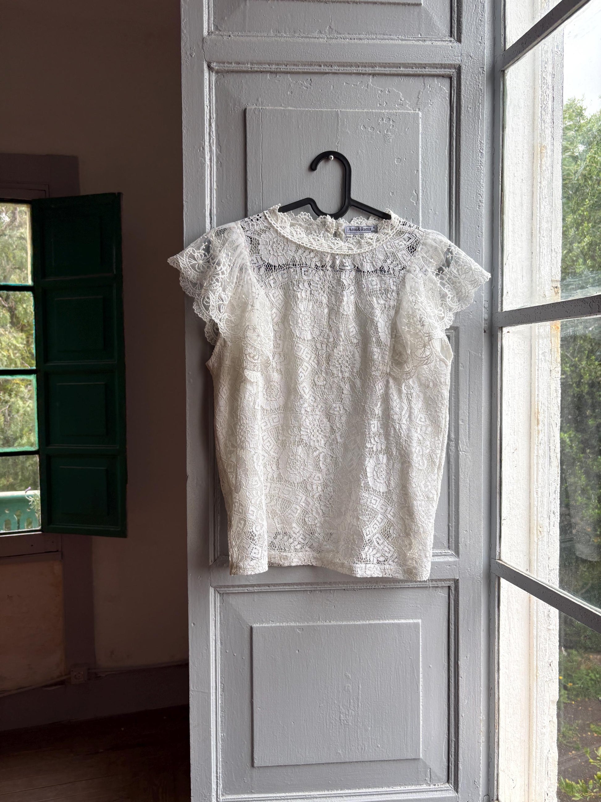 Lace woman Blouse, Romantic Cream Top, Coquette Feminine Sheer shirt, Boho Chic camisole, S