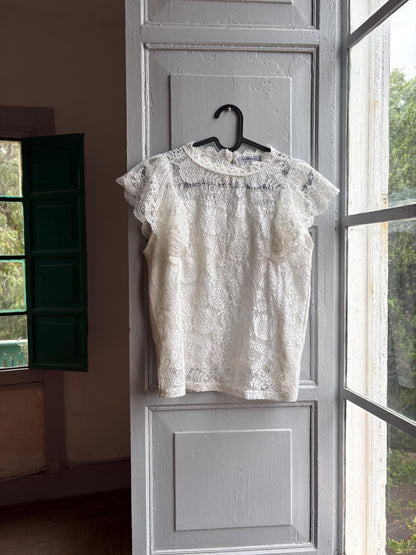 Lace woman Blouse, Romantic Cream Top, Coquette Feminine Sheer shirt, Boho Chic camisole, S
