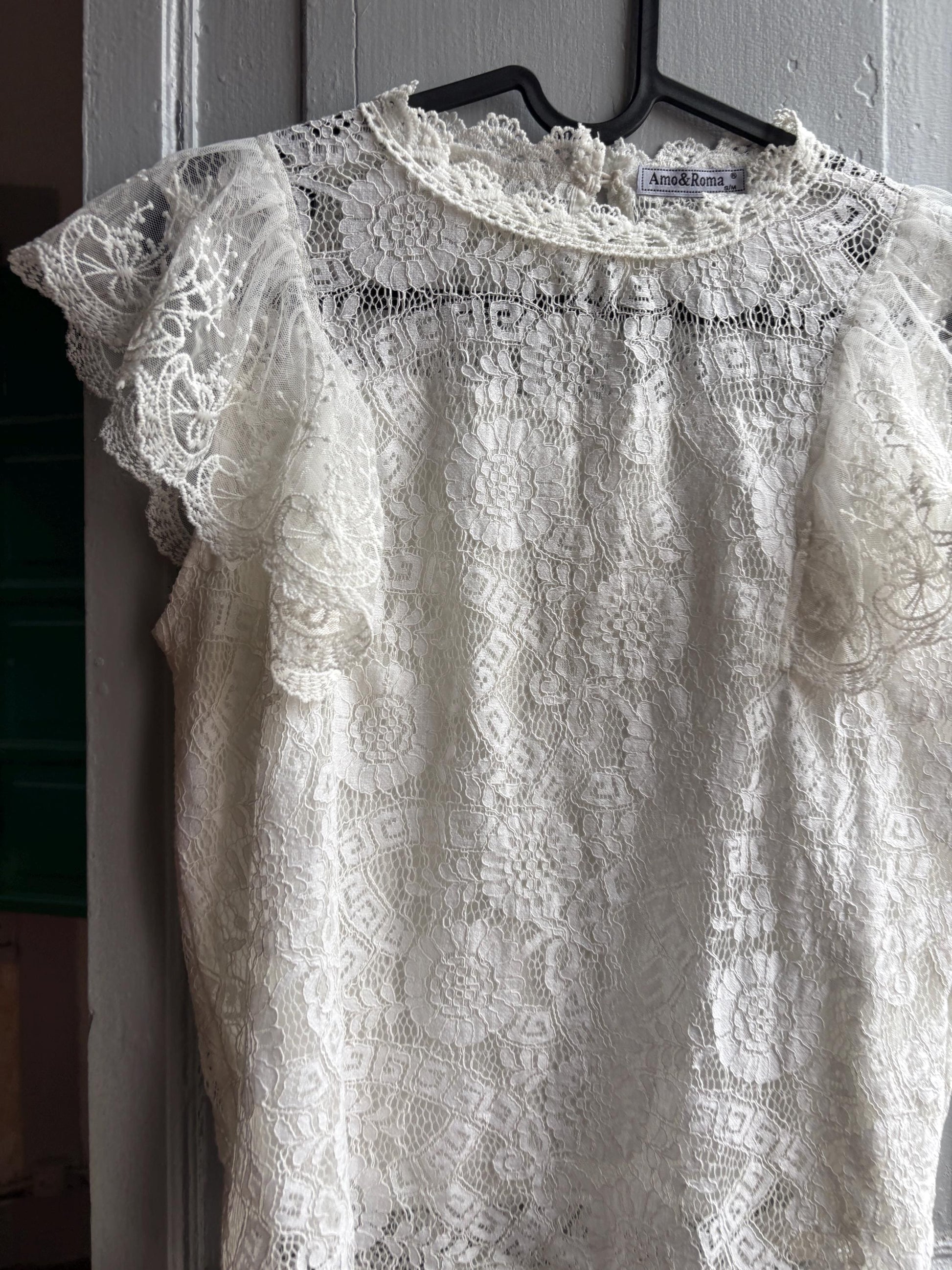 Lace woman Blouse, Romantic Cream Top, Coquette Feminine Sheer shirt, Boho Chic camisole, S