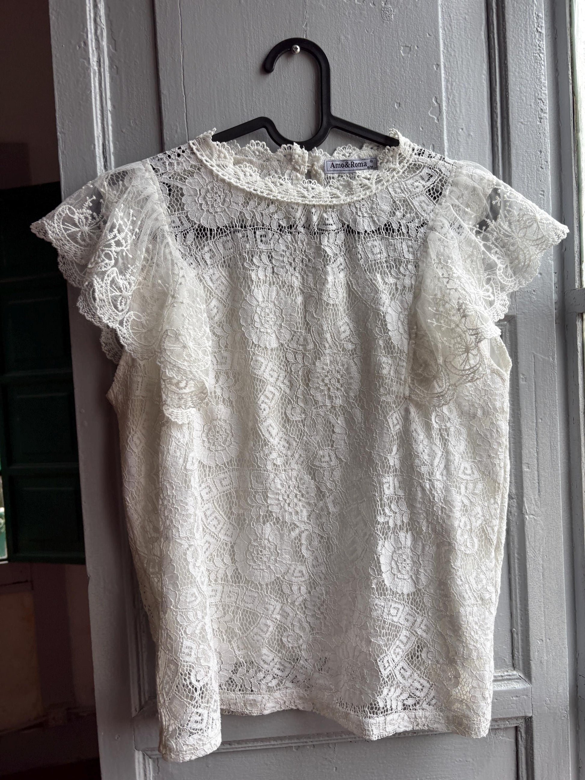 Lace woman Blouse, Romantic Cream Top, Coquette Feminine Sheer shirt, Boho Chic camisole, S