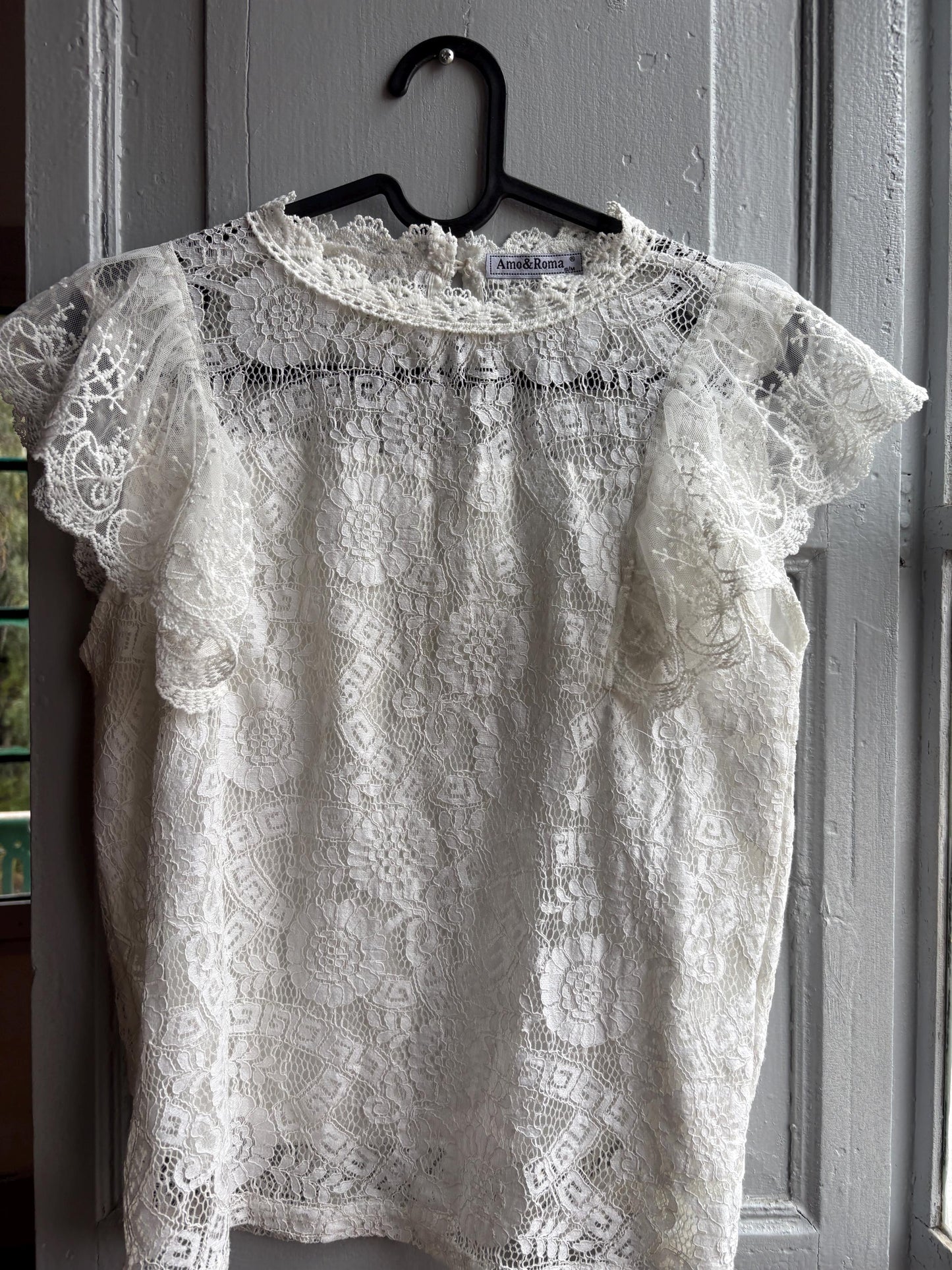 Lace woman Blouse, Romantic Cream Top, Coquette Feminine Sheer shirt, Boho Chic camisole, S