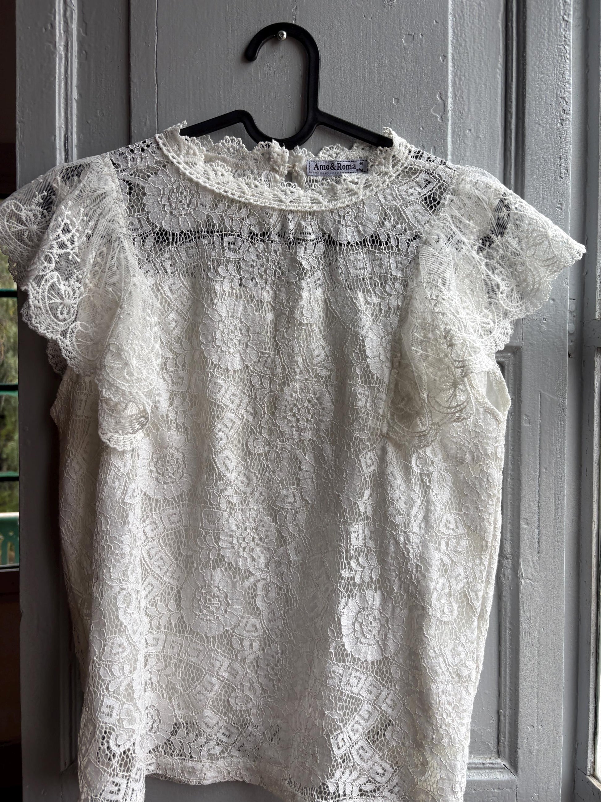 Lace woman Blouse, Romantic Cream Top, Coquette Feminine Sheer shirt, Boho Chic camisole, S