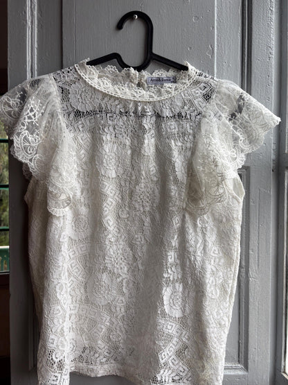 Lace woman Blouse, Romantic Cream Top, Coquette Feminine Sheer shirt, Boho Chic camisole, S