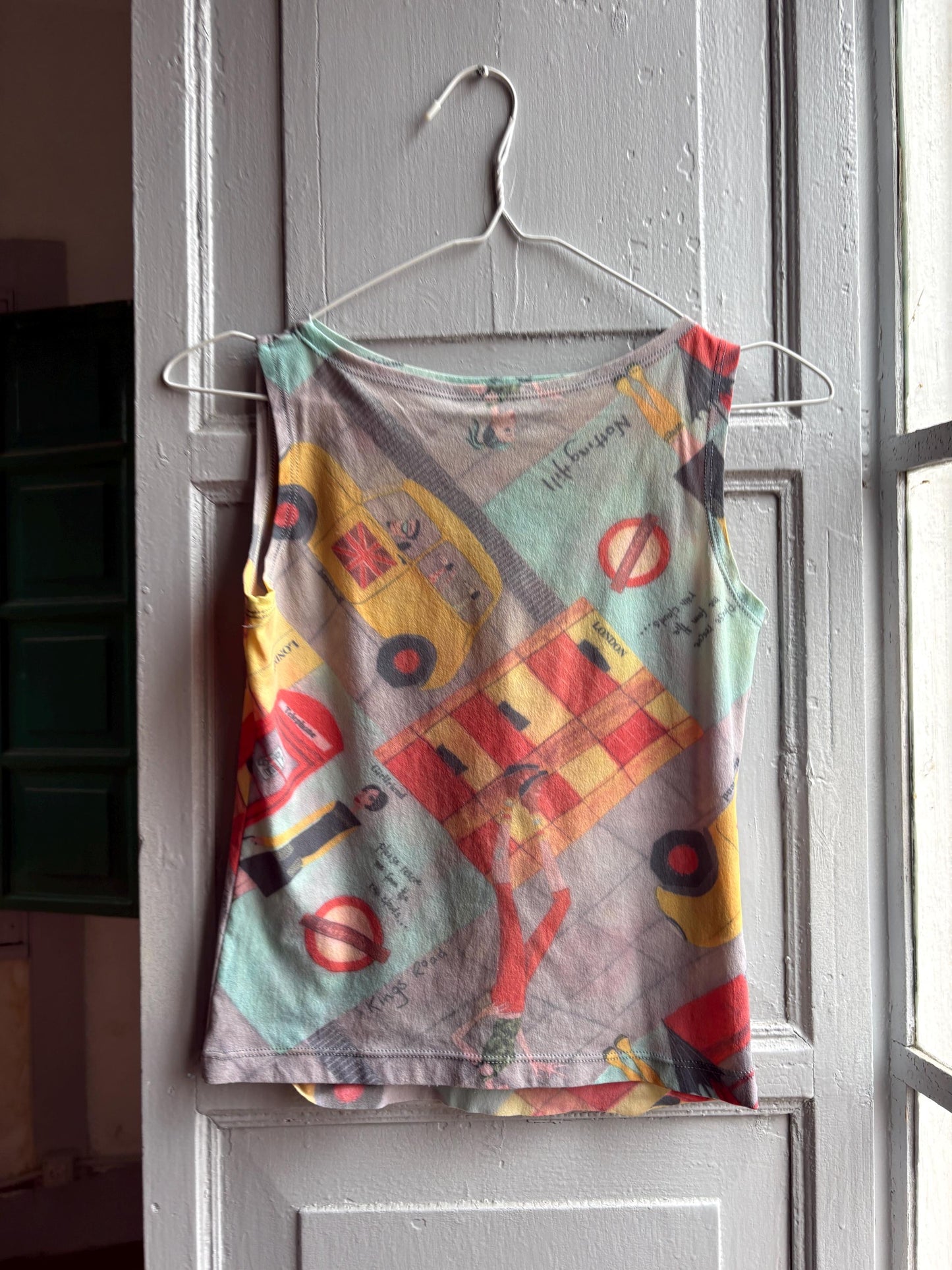 Y2K London Mesh Top, Vintage Graphic Tank, Sheer Printed Club wear, Kid Indie Sleaze fit, S