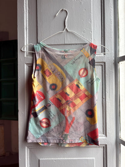 Y2K London Mesh Top, Vintage Graphic Tank, Sheer Printed Club wear, Kid Indie Sleaze fit, S