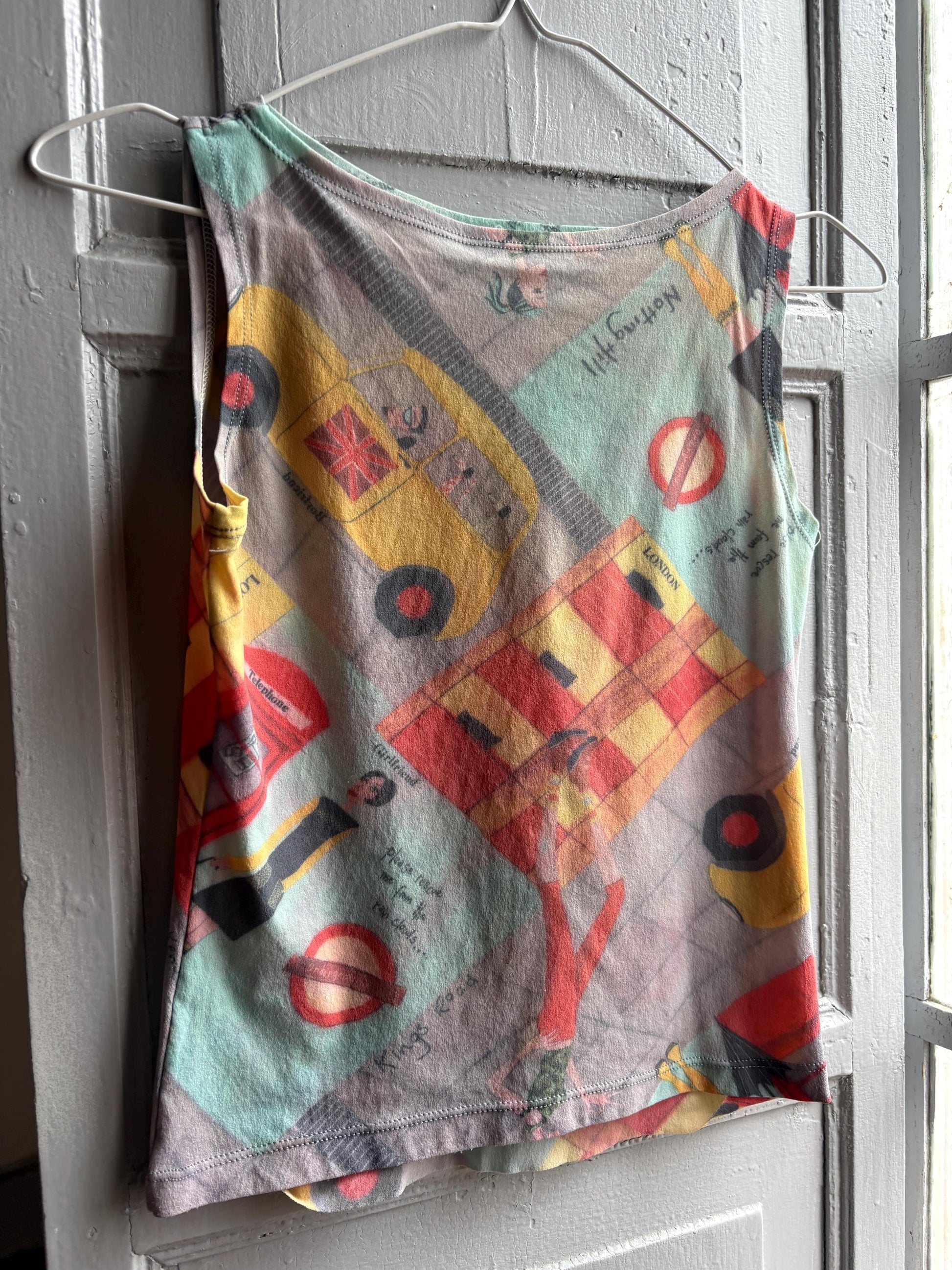 Y2K London Mesh Top, Vintage Graphic Tank, Sheer Printed Club wear, Kid Indie Sleaze fit, S