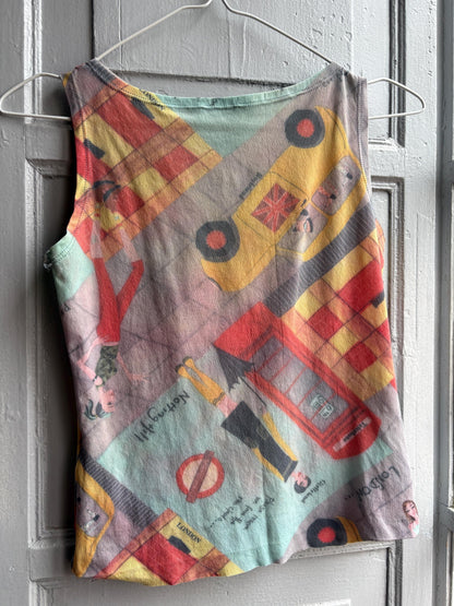 Y2K London Mesh Top, Vintage Graphic Tank, Sheer Printed Club wear, Kid Indie Sleaze fit, S